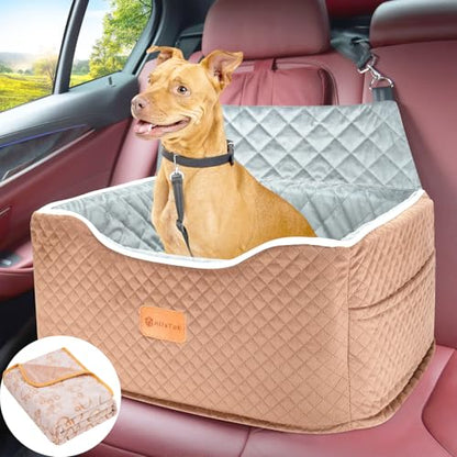 AlfaTok Memory Foam Booster Dog Car Seat Medium Dogs, Elevated Pet Car Seat Under 45 LBS, Detachable Washable, Anti-Slip Dog Booster Seat for Car Back Seat Only, Travel Dog Car Bed, Dog Seat Belt - color: Brown