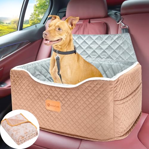 AlfaTok Memory Foam Booster Dog Car Seat Medium Dogs, Elevated Pet Car Seat Under 45 LBS, Detachable Washable, Anti-Slip Dog Booster Seat for Car Back Seat Only, Travel Dog Car Bed, Dog Seat Belt - color: Brown