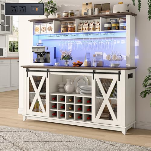 63"Wide 58"H Farmhouse Coffee Bar Cabinet with Power Outlet and LED Light,Wine Bar Cabinet w/ 4 Storage Hutch,Kitchen Buffet Cabinet with 15 Wine and Glass Racks for Kitchen Dining Room(Antique White) - color: Antique White, size: 63 in