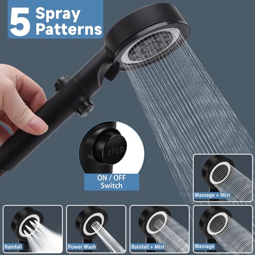 RV Shower Head with Hose, 5+1 Mode High Pressure Replacement with On/Off Switch, Water Saving Motorhome Shower Head for RV/Campervan, Caravan(Black) - color: Black
