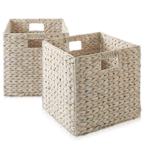 Casafield 12" x 12" Hyacinth Storage Baskets, Whitewash - Set of 2 Storage Organizers, Woven Wicker Cubes for Bathroom, Bedroom, Laundry, Shelves - color: Whitewash, size: 2-Pack