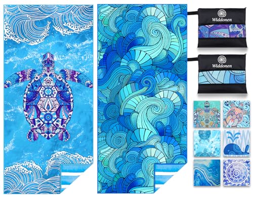 2 Pack Microfiber Lightweight Beach Towel Sand Free Quick Dry Absorbent Thin Compact Towels for Swimming Pool Camping Beach Accessories Large Easy Pack Travel Things for Vacation Essentials Gift - color: 2 Pack Turtle Blue Leaves Mo