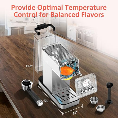 AYCHIRO 20 Bar Semi-Automatic Espresso Machine, Adjustable Espresso Machine with Pressure Gauge, Compact Espresso Maker with Steam Wand, Cup Warmer for Home & Office - color: Stainless Steel