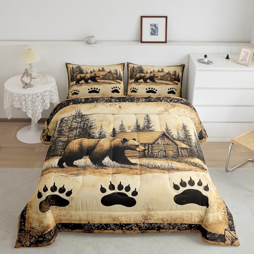 Erosebridal Bear Full Bedding Set Hunting Cabin Lodge Comforter Set for Kids Boys Girls Rustic Farmhouse Down Comforter Wild Bear Paw Quilt Country Jungle Duvet Insert 3Pcs Bedroom Decor - color: Black Brown, size: Full