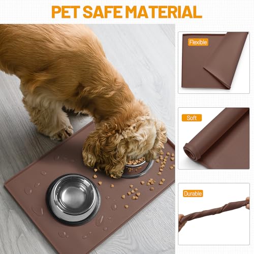 Hubulk Dog Feeding Mat,100% Waterproof Food Grade Silicone Pet Food and Water Bowl Placemat,Dishwasher, High Raised Edge to Prevent Spills,Nonslip Tray to Stop Messes on Floor（24"x16"x0.5", Brown） - color: Brown, size: 24"l X 16"w