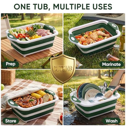 Collapsible BBQ Prep Tub with Lid, Foldable Camping Sink with Colander, Cutting Board, Dish Basin for Kitchen, Bowl, Vegetable and Fruit, Storage Basket for Picnic-Green - color: Green
