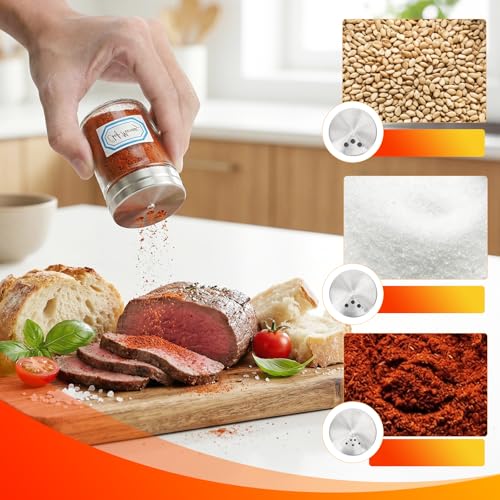 Segarty 1.7oz Mini Spice Jars with Metal Shaker Lids, 3 Pack 50ml Glass Seasonings Containers Adjustable Pour Holes for Kitchen Organization Condiments Storage, Salt Pepper Shakers 3 Labels for Picnic - size: 1.7oz / 50ml