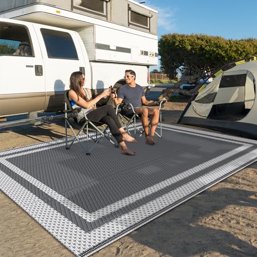 HappyTrends,Outdoor Rug,Patio Rug,Reversible Portable Outdoor Plastic Straw Rug,Camping Rugs for Outside RV,Large Waterproof Area Rugs for Patio,Deck,Picnic,Porch,Balcony(4'x 6',White&Gray) - size: 4' x 6' (Rectangular)