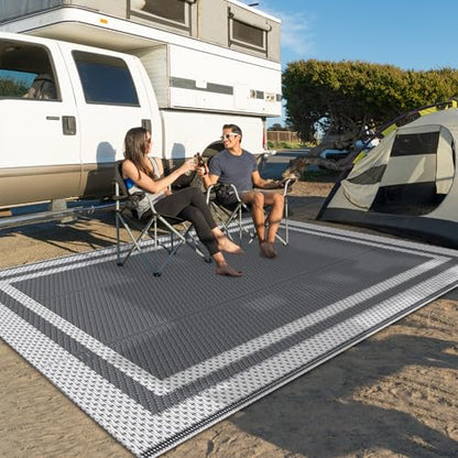 HappyTrends,Outdoor Rug,Patio Rug,Reversible Portable Outdoor Plastic Straw Rug,Camping Rugs for Outside RV,Large Waterproof Area Rugs for Patio,Deck,Picnic,Porch,Balcony(4'x 6',White&Gray) - size: 4' x 6' (Rectangular)