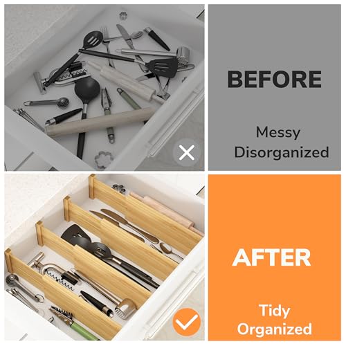 BAMEOS Bamboo Expandable Drawer Dividers – Fits 12.2"–17" Drawers, 4" Extra Deep Walls, Set of 4 | Tall Spring-Loaded Separator for Baby Dresser, Sock Drawer & Bathroom Cabinet - size: 4''H, 12.2''-17''L