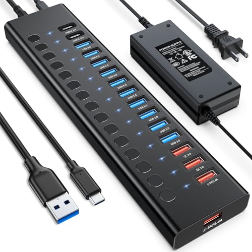 Powered USB Hub, AGEEN 16-Port USB 3.0 Hub (10 USB-A 3.0+2 QC 24W Fast Charging+2 Smart Charging+2 USB-C 3.0 Ports), 12V/8A 96W UL Certified Power Adapter for PC, Laptop, HDD, Flash Drive (16-Port) - size: 16-Port