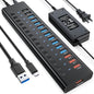 Powered USB Hub, AGEEN 16-Port USB 3.0 Hub (10 USB-A 3.0+2 QC 24W Fast Charging+2 Smart Charging+2 USB-C 3.0 Ports), 12V/8A 96W UL Certified Power Adapter for PC, Laptop, HDD, Flash Drive (16-Port) - size: 16-Port