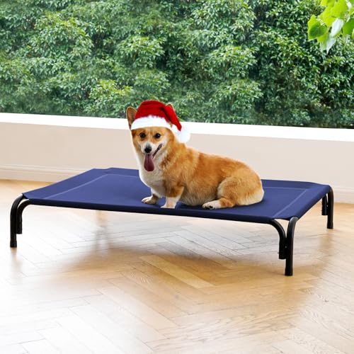 Elevated Dog Bed Raised Outdoor Dog Cot for Medium Dogs, Installation Requires No Tools, Frame with Washable Cooling Breathable Mesh Anti-Slip Feet, Indoor Pet Bed, Blue, 35.4 Inches - color: Blue, size: M-35.4"L×25.6"W×7.9"Th
