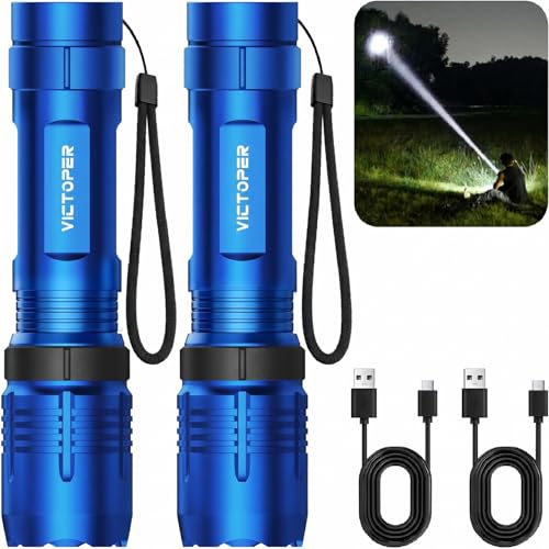Victoper Red Rechargeabe Flashlight 2 Pack, High Lumens 5 Modes LED Bright Tactical Flashlights, Waterproof Zoomable Flash Light for Outdoor, Gifts for Camping Essentials Gear - color: Blue A1200T, size: 2 PACK