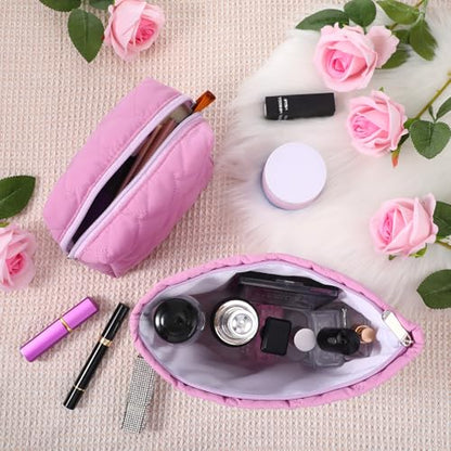 Huhumy 2 Pc Makeup Bag Set Cute Quilted Cosmetic Pouch for Women Travel Toiletry Bag Preppy Small Makeup Purse Pouch Skincare Brushes Storage Organizer Pencil Case Set(Knitted,Quilted,Rose Pink) - color: Rose Pink, style: Knitted