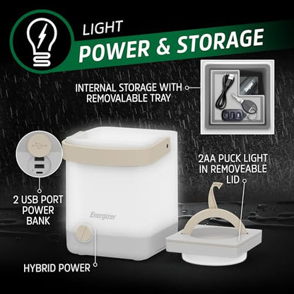 Energizer LightxPower Cube Camping Lantern, X1000 Lantern Dual Power Rechargeable and AA Battery, IPX4 Water Resistant