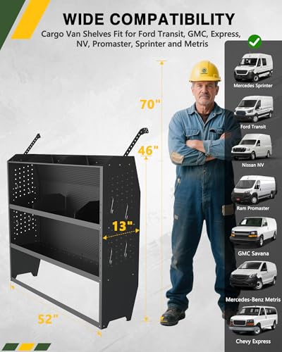 52" W x 46" H x 13" D Cargo Van Shelving Storage System Fit for Ford Transit, GMC Savana, Chevy Express, Nissan NV, Ram Promaster, Mercedes-Benz Sprinter and Metris