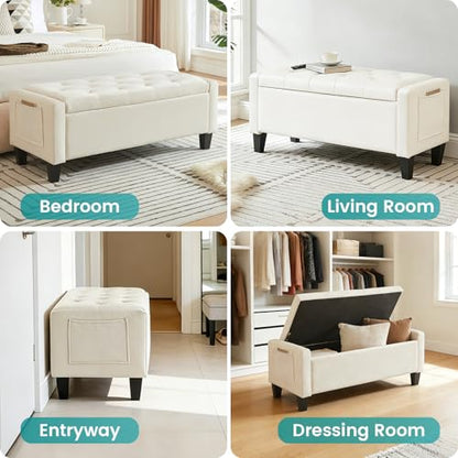 Velvet Storage Ottoman Bench for Bedroom, End of Bed Bench with Button, Side Storage Pockets, Organizer Storage Chest, Upholstered Foot Rest, Load up to 400 lb, for Living Room, Entryway, Beige