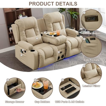 TUNYI Power Loveseat Recliner Sofa with Massage & Heat Home Theater Seating with Console RV Recliner Loveseat Sofa with USB/Storage/Side Pocket/LED Light/Speaker (Beige, Loveseat) - color: Beige, size: 2 Seat