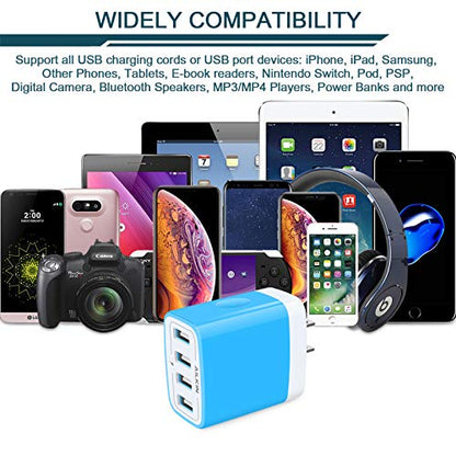 Wall Charger, USB Charger Adapter, 4.8A 4Multi Port Fast Charging Station | Power Base Block Plug Cube Brick for iPhone, iPad, Samsung Galaxy, Moto, Google Pixel, Kindle Fire Plug Cargador Carro - color: Blue