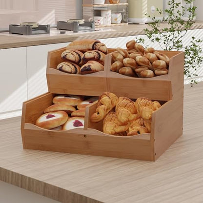3 Set Bamboo Pantry Organizers and Storage, Open Front Vegetable Fruit Seasonings Stackable Storage Bins, Compact Stacking Storage Bins for Pantry, Bedroom, Office, Kitchen Counter Organizer (Walnut)