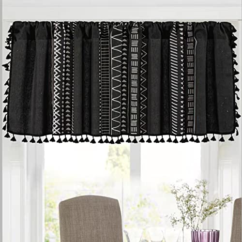 RYNGHIPY Black Boho Kitchen Valances for Windows, Farmhouse Tier and Valance Window Curtain with Tassels, Short Curtains for Bathroom, Living Room, Farmhouse, Bedroom, 55 x 24 Inches Length - color: Black, size: 55"W x 24"L (Pack of 1)