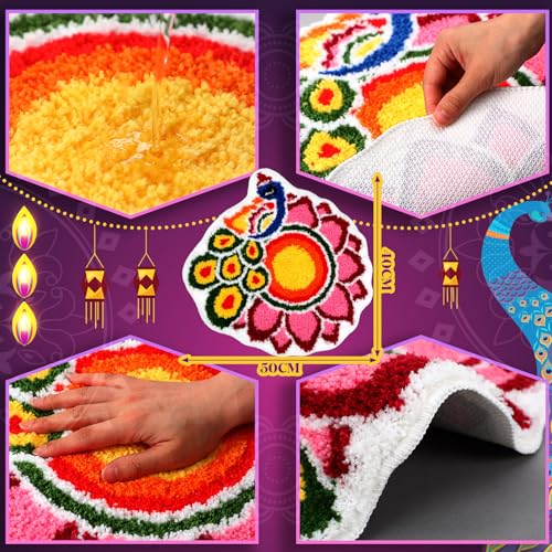 Drydiet 20 Inch Diwali Rangoli Mat Decorations Indian Diwali Door Mat for Home Peacock and Petals Decoration Non Slip Washable Rug for Indian Traditional Pooja New Year Entrance Gift - style: Rangoli