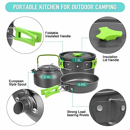 8Pcs Set Camp Cookware Camping Cooking Portable Mess Kit Backpacking Gear Non-Stick Pot Kettle Camping Pots and Pans Chopping Board Folding Tableware for Camping Hiking Picnic
