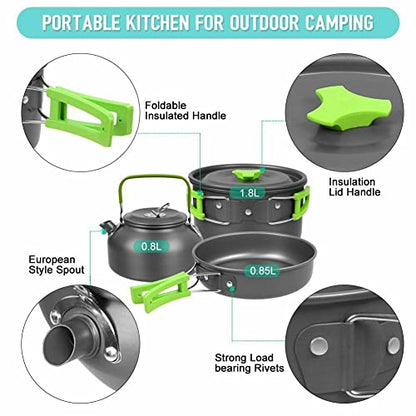 8Pcs Set Camp Cookware Camping Cooking Portable Mess Kit Backpacking Gear Non-Stick Pot Kettle Camping Pots and Pans Chopping Board Folding Tableware for Camping Hiking Picnic