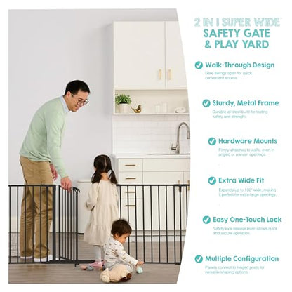 Regalo Safety 192" Super Wide Baby Gate & Play Yard, 2-in-1 Convertible Extra Wide Safety Barrier, Hardware Mounted for Toddlers & Pets, Tested & Safe for 30 Years, American Designed & Owned, Black - color: Black, style: 50.5-192"W x 28"H