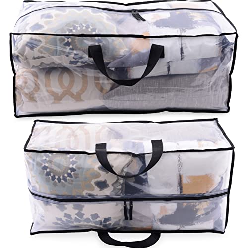 ZENPAC Clear Blanket Storage with Handles, Zippered Plastic Bags, Heavy Duty, Waterproof for Packing Clothes, Linens, Comforters, 27x12x13.75, 3 Pack