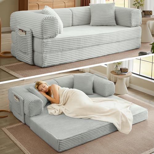 Boneless Couch Futon Sofa Bed Sectional Couches for Living Room,Cloud Couch with Sleeper Sofa,Sofas for Living Room Oversized Corduroy Upholstered (Light Grey, 81 Inches (with Iron Frame)) - color: Light Grey, size: 81 Inches