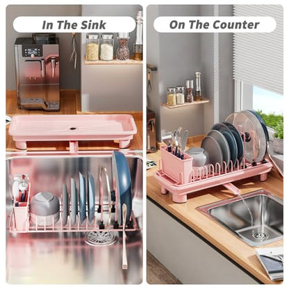 SanDream Small Dish Drying Rack with Removable Utensil Holder & Anti-Scratch Base - Stainless Steel Dish Rack, Dish Drying Rack with Drainage & Space Saving Design for Kitchen Counter, Pink - color: Pink