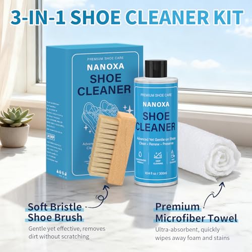 Shoe Cleaner, 10.14 fl oz Premium Shoe Cleaning Kit with Brush & Towel, Sneaker Cleaner Kit Safe for White Shoes, Leather, Boots, Canvas, PU, Mesh & More