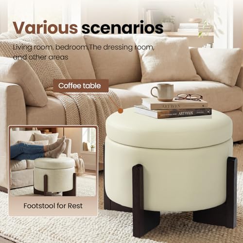Faux Leather Round Ottoman, 22 Inch Storage Ottoman,PU Leather Ottoman,Multi-Functional Footrest for Living Room & Bedroom,Apartments (White, Round) - color: White