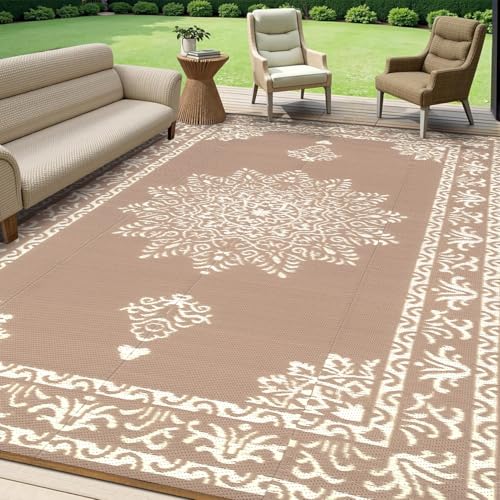 Yamaziot Outdoor Rug 8x10 Ft, Waterproof Plastic Straw Patio Rug, Reversible Backyard Carpet UV Resistant Portable RV Mat Clearance, Large Indoor Outdoor Rug for Patio, Porch, Deck, Balcony, Brown - color: Beige Brown, size: 8' x 10'