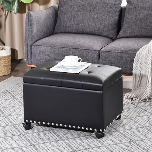 Leather Storage Ottoman,24’’Foot Rest Ottomans with Wheels and Hinged Lid Rectangle Upholstered Foot Stools Nailhead Trim for Living Room Bedroom,Black - color: Black With Wheels