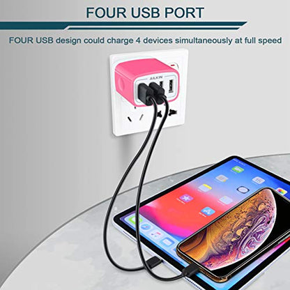 Wall Charger, USB Charger Adapter, 4.8A 4Multi Port Fast Charging Station | Power Base Block Plug Cube Brick for iPhone, iPad, Samsung Galaxy, Moto, Google Pixel, Kindle Fire Plug Cargador Carro - color: Pink