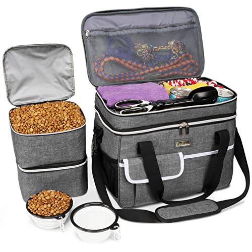 BAGLHER Dog Travel Bag for Supplies - Double-Layer Airline Approved Weekend Pet Travel Organizer Set for Dog and Cat Tote with 2 Pet Food Containers and 2 Collapsible Silicone Bowls Grey - color: Grey, size: Large