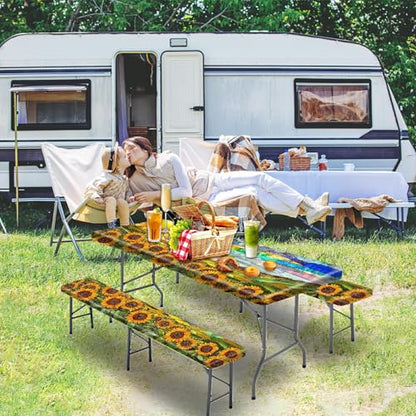 Picnic Table Cover with Bench Covers 72IN 6FT, Camping Essentials Tablecloth Waterproof Oilproof with elastic Edge for Indoor Outdoor Patio (Sunflower Sun) - color: Sunflower Sun