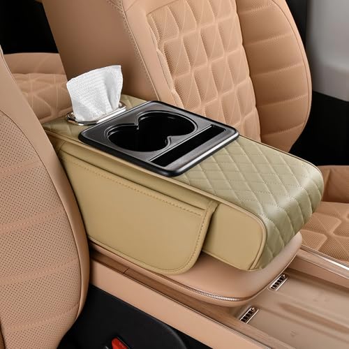FREESOO Car Center Console Cover, Leather Armrest Cover for Car, Universal Middle Console Cushion with Storage Box, Cup Holder, Tissue Box & Phone Slot, Luxury Waterproof Interior Accessories, Beige - color: Beige