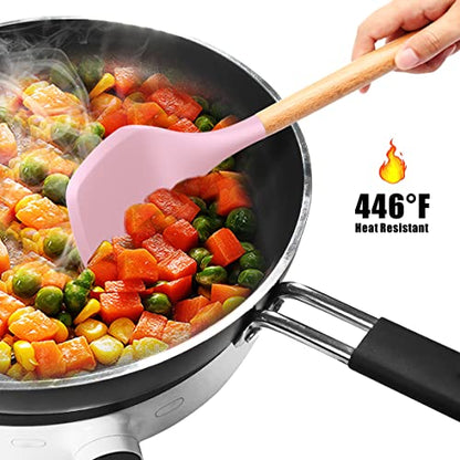 oannao Silicone Kitchen Utensils Set - 446°F Heat Resistant Cooking Utensil Sets, Spatula,Turner,Tongs,Spoon,Whisk, Wooden Handle Silicone Kitchen Gadgets Tools for Non-Stick Cookware BPA Free (Pink) - color: Pink
