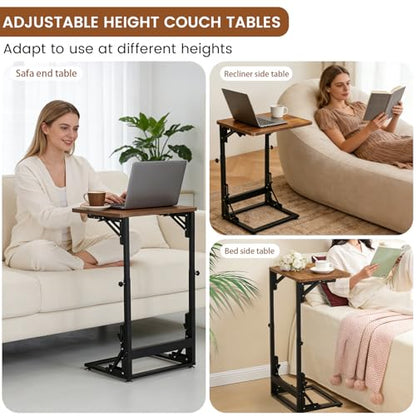 Folding Side Table, Adjustable C-Shaped End Table for Couch, Metal Frame TV Tray Table for Sofa Living Bedroom Bedside Coffee Small Spaces (Brown, 15.8" L x 11.8" W) - size: 15.8"L x 11.8"W