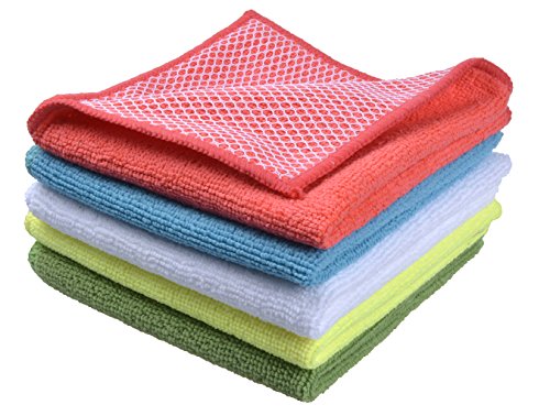SINLAND Microfiber Dish Cloth Towels with Poly Scour Side Best Kitchen Cleaning Cloths Rags 12"x12" 5 Pack 5 Color Assorted (Pink+Blue+White+Yellow+Green) - color: Assorted Color, size: 12inchx12inch 5pack