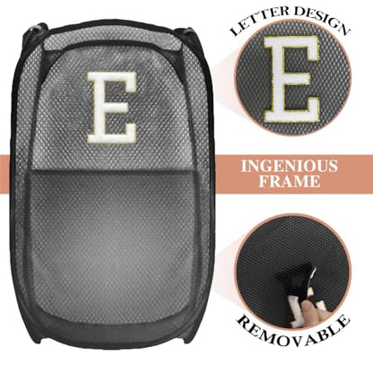 Collapsible Pop Up Laundry Hamper, Extra Large with Removable Initial Letter E, Mesh Foldable Laundry Basket, 28" x 16" x 16" (Black) - color: 1P BlackE