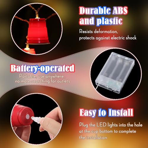 Hiboom 1 Pack Red White and Blue Cups Light, Shot Cup Fairy String Lights Battery Operated LED for Memorial Day Patriotic Decor 4th of July Independence Day Bar Graduation RV Party Decoration (13ft) - size: 13Ft
