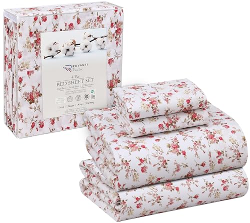 RUVANTI 100% Cotton Percale Sheets Full Size, Bouquet | Crisp Cooling, Deep Pocket 16", Soft Breathable & Durable, Hotel-Style, 4 Piece Set - color: Bouquet, size: Full