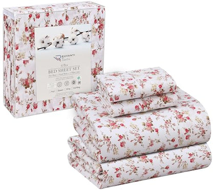 RUVANTI 100% Cotton Percale Sheets Full Size, Bouquet | Crisp Cooling, Deep Pocket 16", Soft Breathable & Durable, Hotel-Style, 4 Piece Set - color: Bouquet, size: Full
