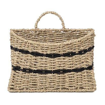 Handmade Seagrass Woven Hanging Basket with Black Cotton Rope - 11.81 x 4.33 x 7.87 Inches - Ideal for Wall Decor & Storage (Half-moon opening) - style: Half-moon opening