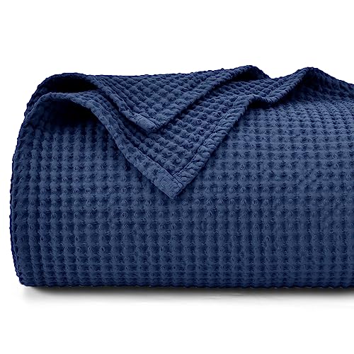 PHF Pre-Washed 100% Cotton Waffle Weave Blanket King Size for Bed,Snag Proof Throw Blanket for Couch Spring Summer Lightweight Breathable,Machine Washable, Home Decor Gift - Navy Blue/Bright Blue - color: Navy Blue/Bright Blue, size: King(104" x 90")